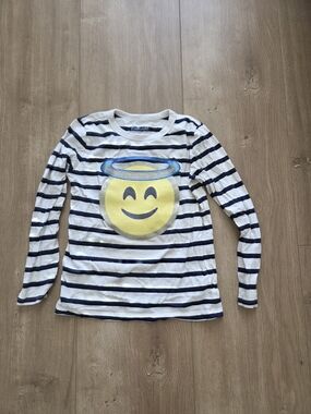 Crewcuts White & Navy Striped Long-Sleeve Tee with Yellow Emoji Halo